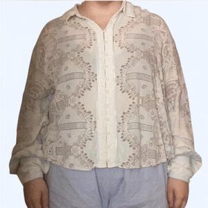 Free People Light Blue and Cream Button-Up Shirt
